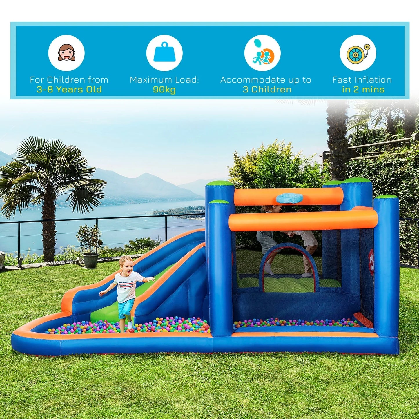 Inflatable Kids’ Castle with Slide, Trampoline & Pool