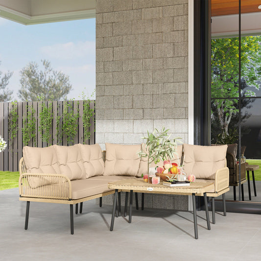 Rattan Garden Lounge Set 2 Sofas and Corner Chair with Cushions, Glass Coffee Table, Wood Color