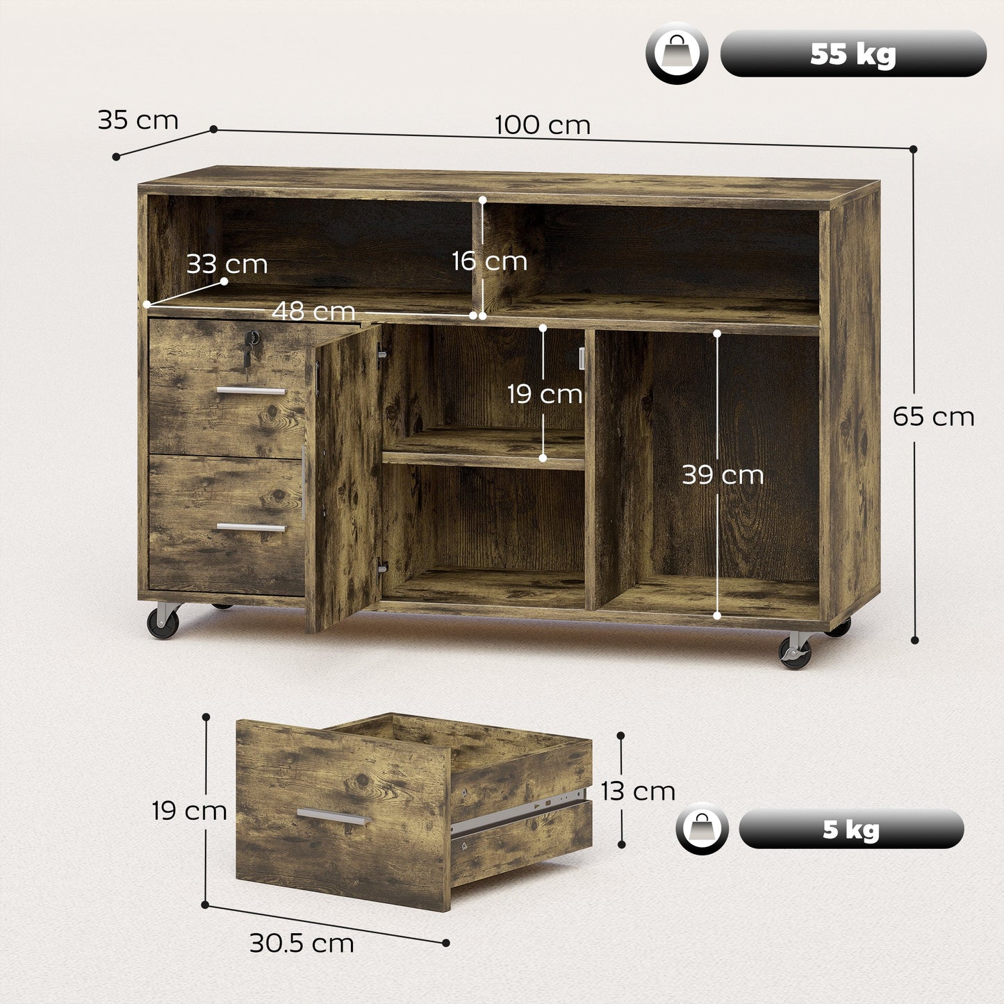 Wooden Printer Stand with Wheels, 2 Drawers, 3 Shelves, and 2 Cabinets, 100x35x65 cm, Brown