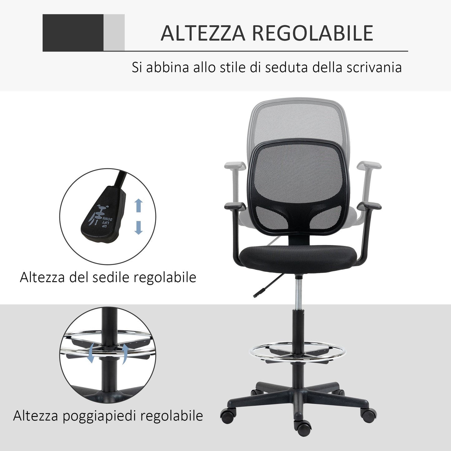 Height Adjustable Office Chair with Armrests, Wheels and Padded Seat, 60x56x110-132 cm, Black