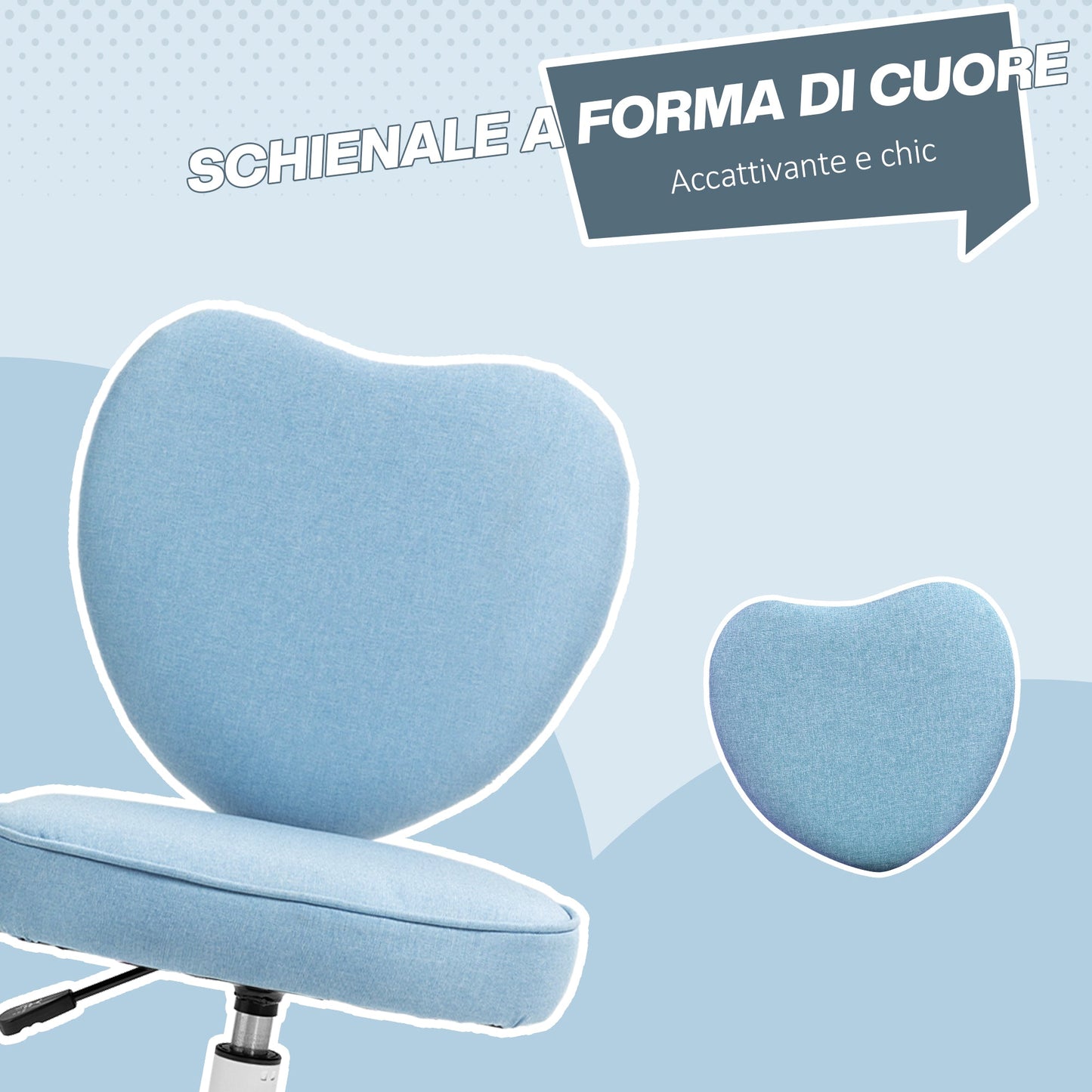 Heart-Shaped Desk Chair with 5 Wheels and Adjustable Height in Fabric, 40x50x79-89cm, Blue