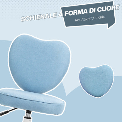 Heart-Shaped Desk Chair with 5 Wheels and Adjustable Height in Fabric, 40x50x79-89cm, Blue