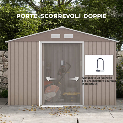 Steel Garden Shed with 4 Air Vents and 2 Sliding Doors, 277x195x192 cm, Light Brown