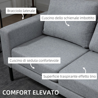 2 Seater Sofa in Linen Effect Fabric with Steel Legs and Padded Cushions, 138x70x83.5 cm, Grey