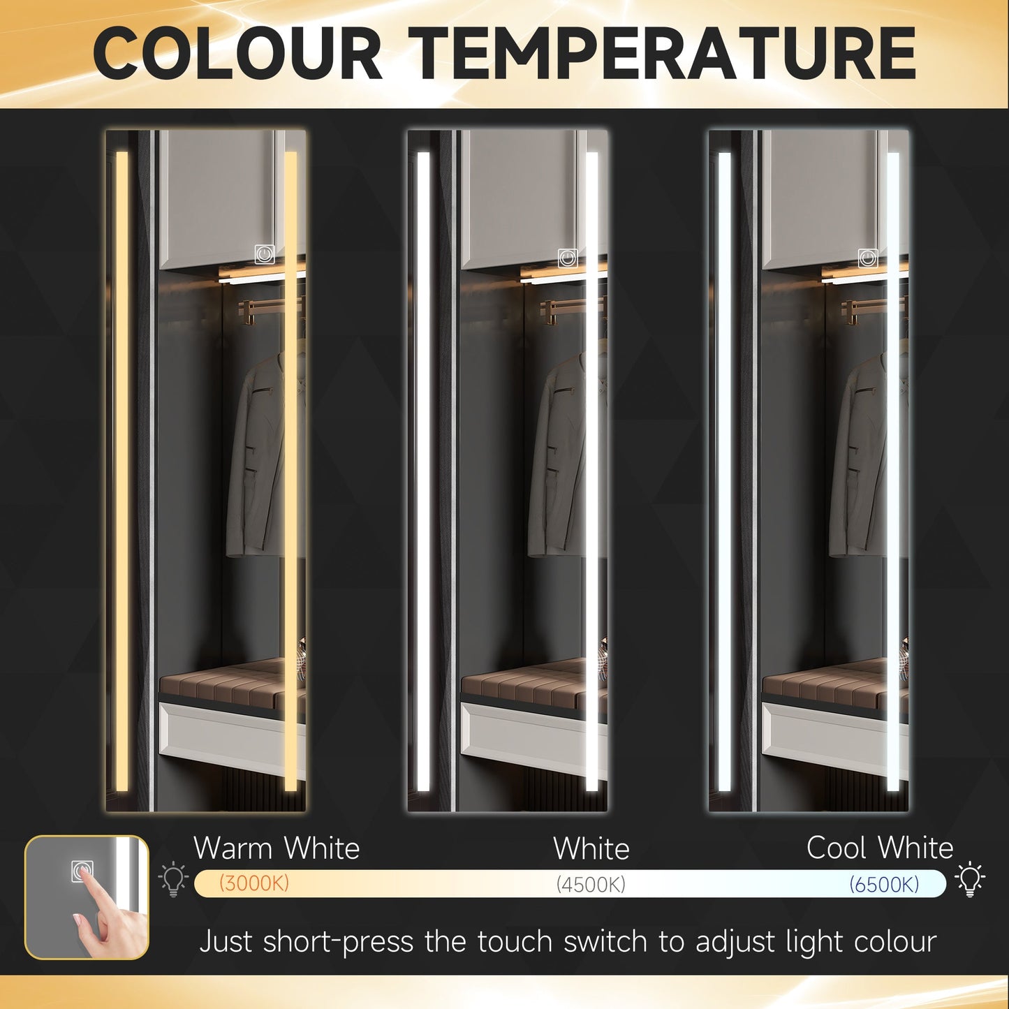 Rectangular Wall Mirror with Adjustable LED Lights and Touch Switch, 40x120cm