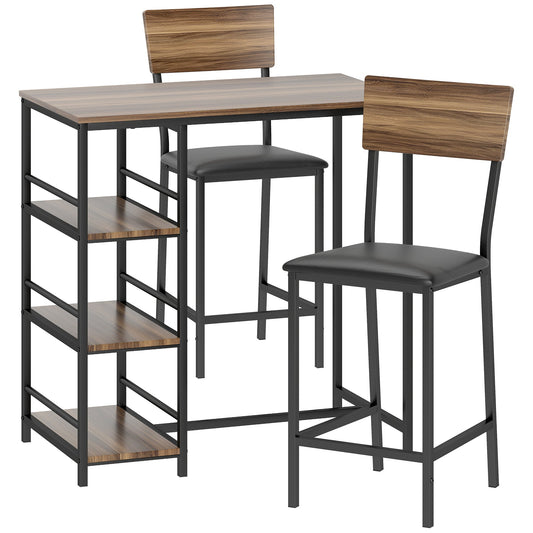 3-Tier Bar Table and 2 Stools with Footrest and Backrest, Wood and Steel, Black and Walnut