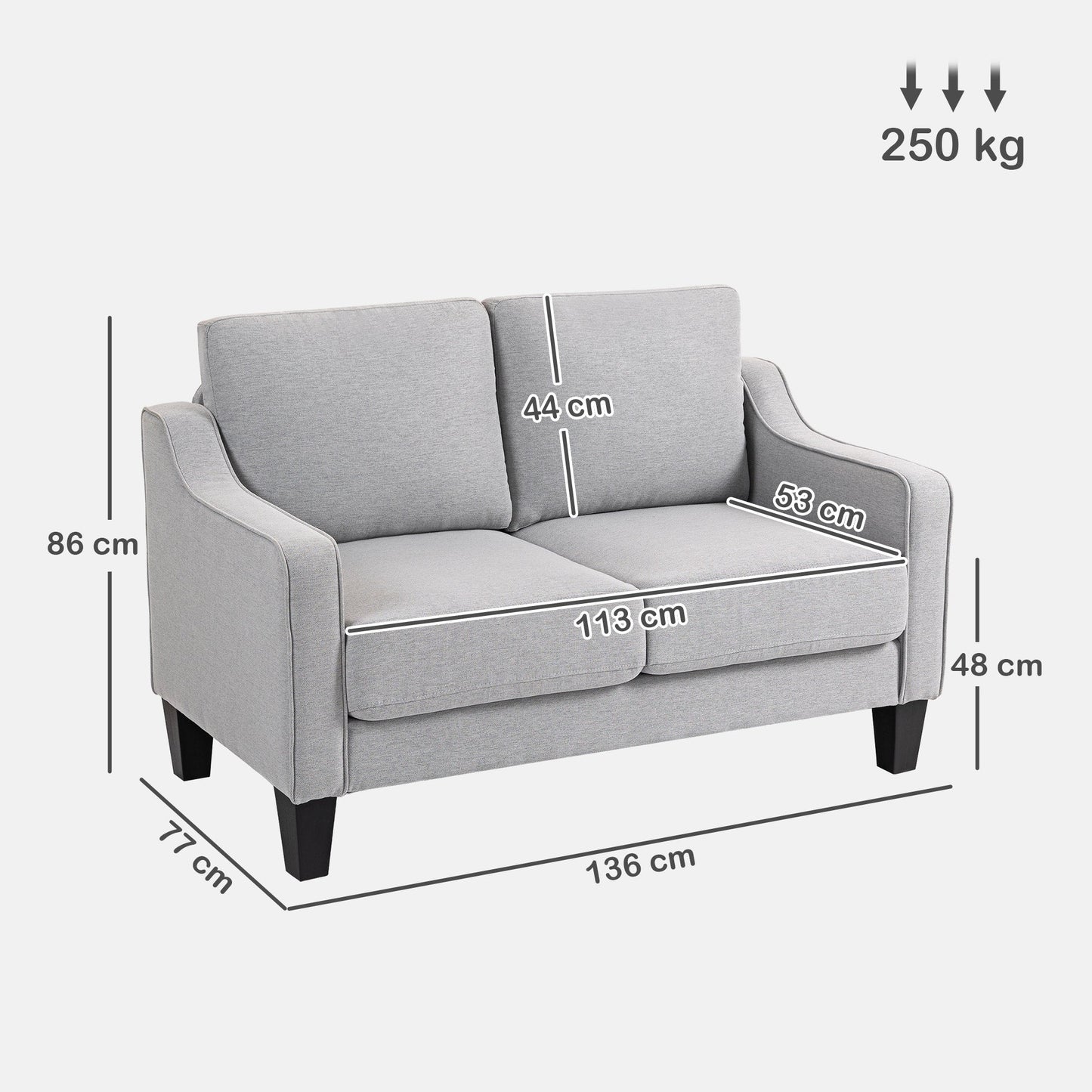 Modern and Space-Saving 2-Seater Sofa in Linen Effect Fabric, 136x77x86 cm;, Light Grey