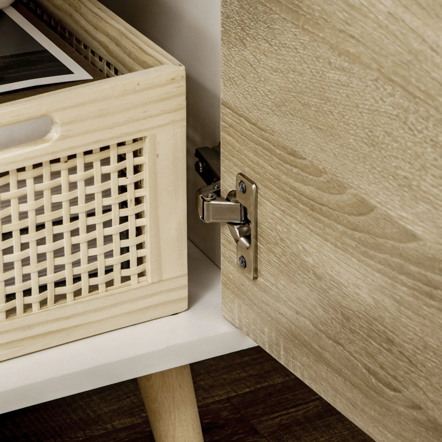 Modern TV Stand max 50" in Chipboard with Drawers, Open Shelves and Cabinets, 110x40x50 cm, White and Wood Color