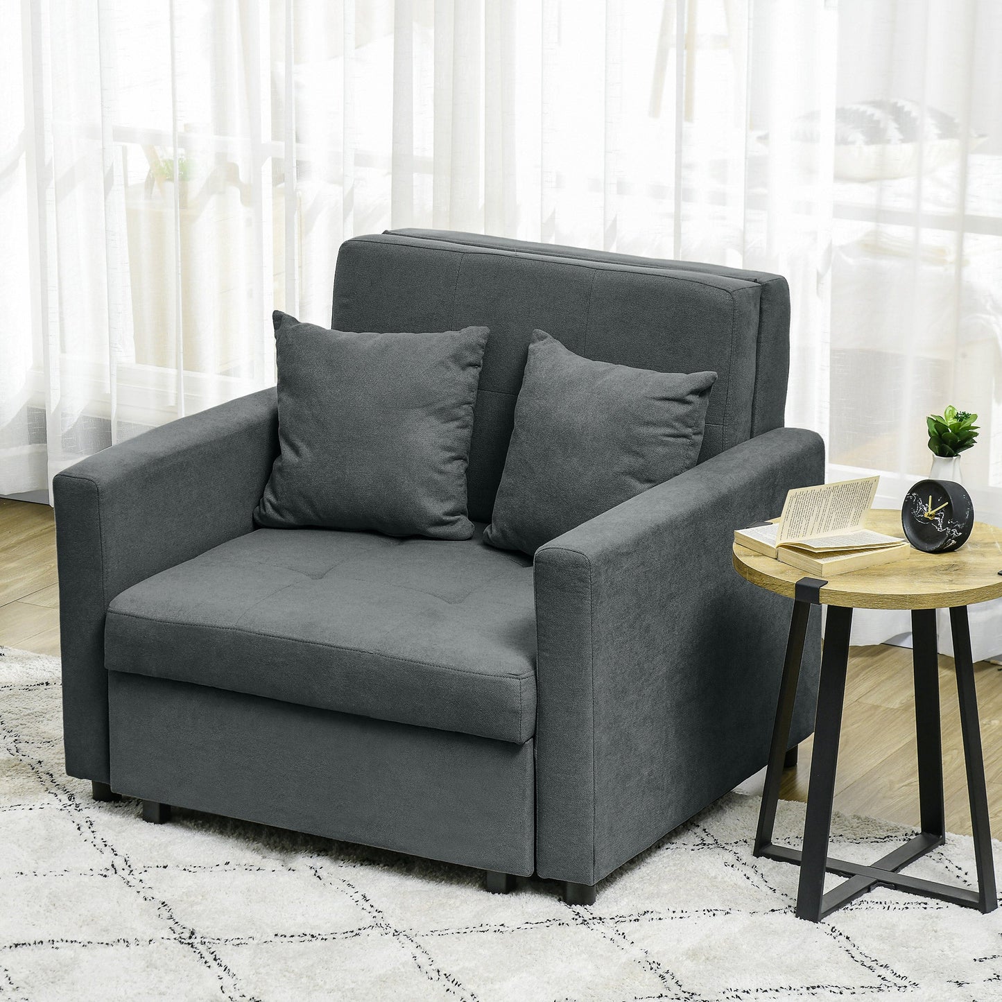 Grey Velvet Fabric Armchair Bed with 2 Cushions and Storage Space, 100x98x88 cm