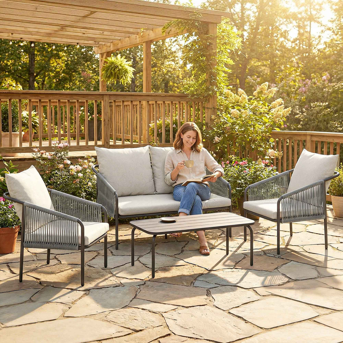 Outsunny 4-Piece Rattan Garden Set with Sofa, Armchairs, and Table, Khaki