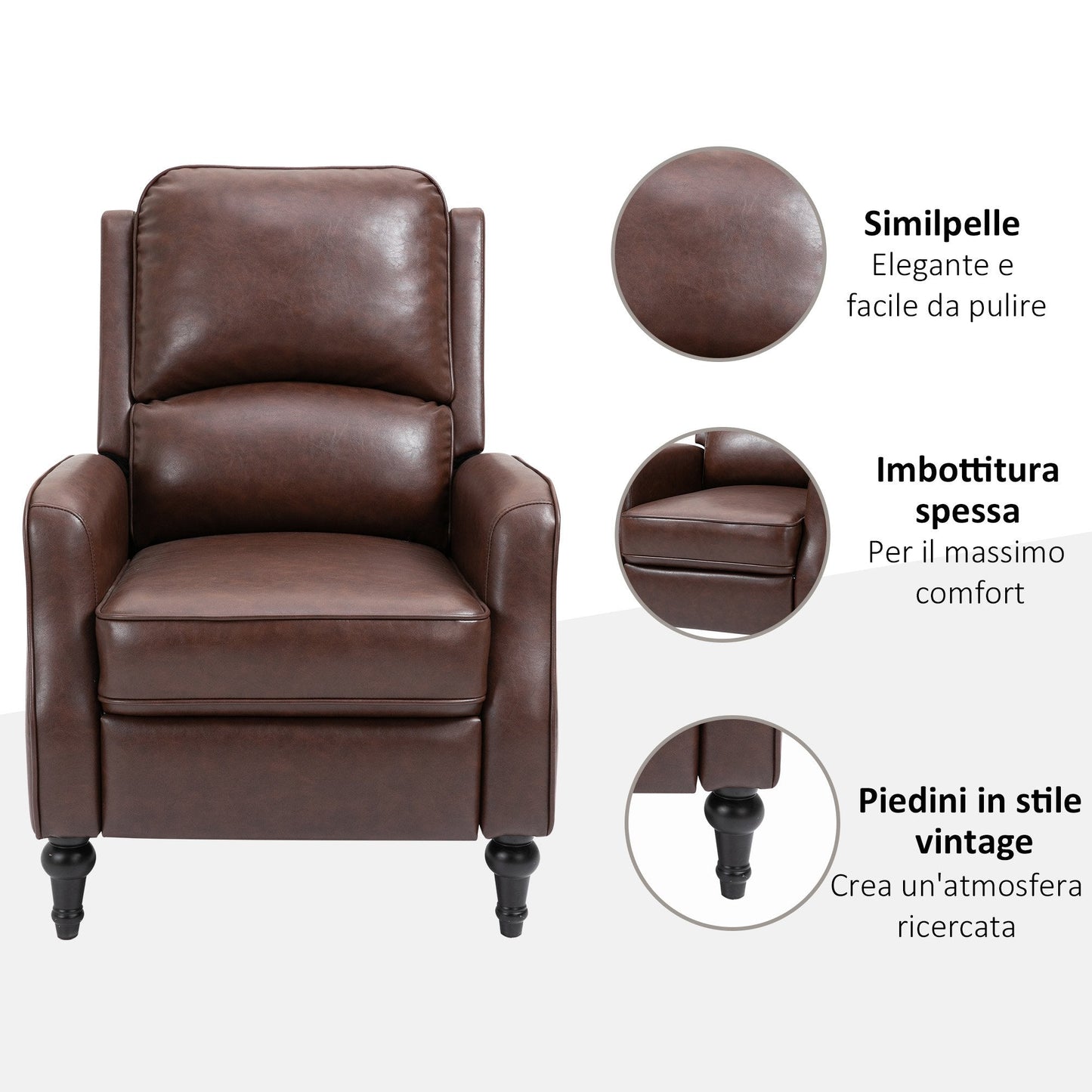 Manual Reclining Relax Chair 90° and 150° for TV, Living Room, Bedroom, Modern Design in Leather 73x86x104cm