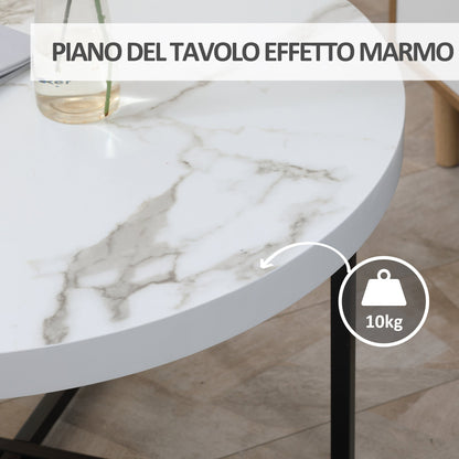 Round Coffee Table with Marble Effect MDF Top and Metal Legs, Φ80x45 cm, White