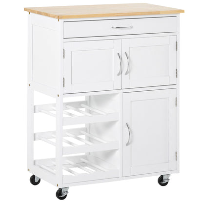 Kitchen Trolley with Bottle Holder, 3 Doors, 4 Wheels and Drawer, Space-Saving Kitchen Cabinet for Microwave and Spices in Wood, 67x37x87 cm, White and Oak