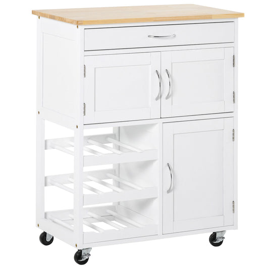 Kitchen Trolley with Bottle Holder, 3 Doors, 4 Wheels and Drawer, Space-Saving Kitchen Cabinet for Microwave and Spices in Wood, 67x37x87 cm, White and Oak