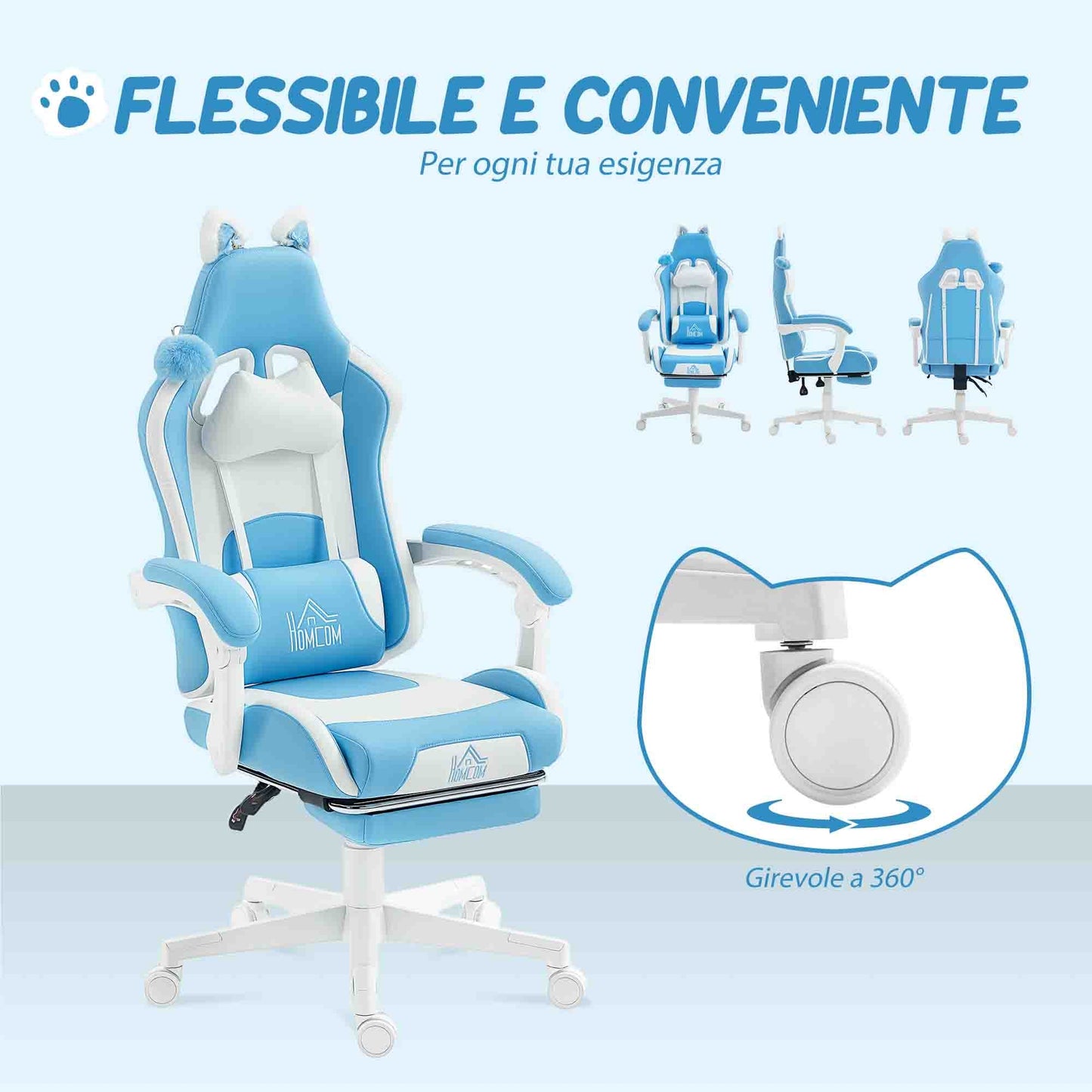 Reclining Gaming Chair with Footrest and Cushions, Faux Leather and Sponge, 65x62x116-124 cm, White and Blue