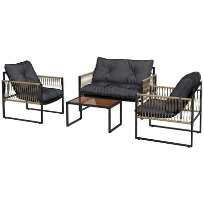 CAMILLA | 4 Piece Rattan Garden Set with Sofa, 2 Chairs and Coffee Table, Grey and Brown