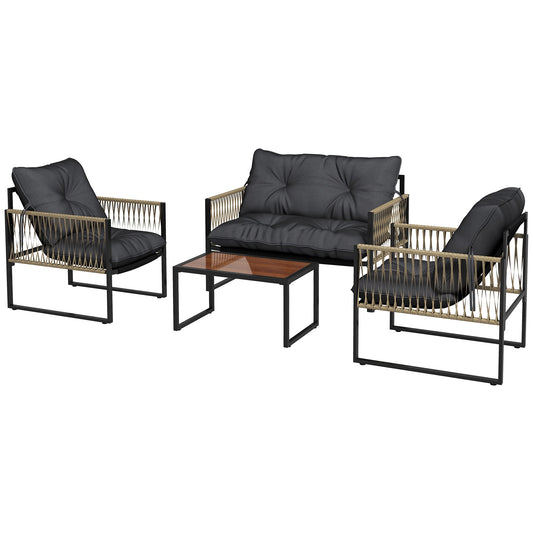 CAMILLA | 4 Piece Rattan Garden Set with Sofa, 2 Chairs and Coffee Table, Grey and Brown