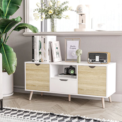 Modern TV Stand max 50" in Chipboard with Drawers, Open Shelves and Cabinets, 110x40x50 cm, White and Wood Color
