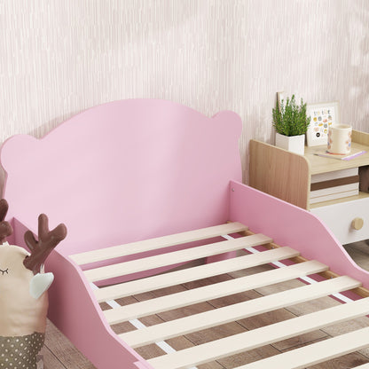 Baby Bed with Bear Headboard and Footboard and 2 Side Rails, Wooden, 143.5x80x55 cm, Pink