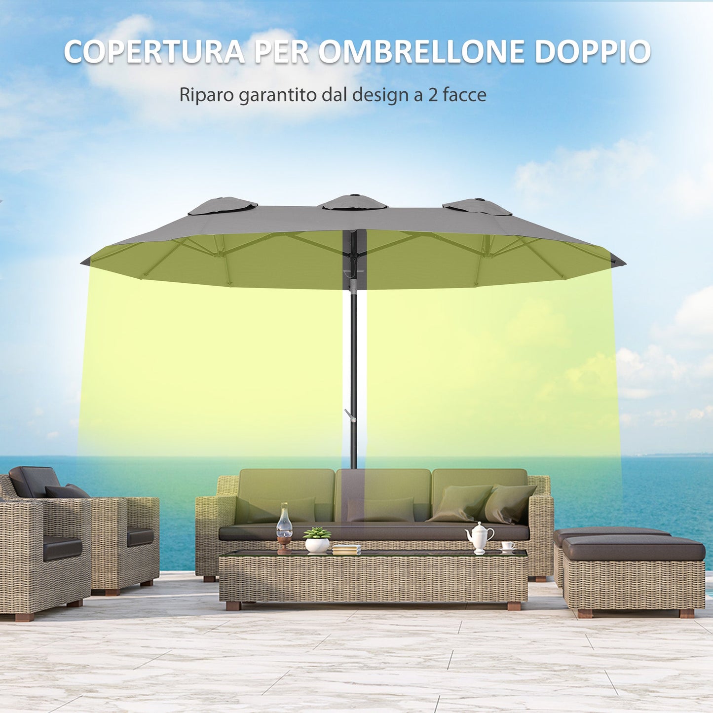 Double Umbrella Tiltable at 45° with Crank and Air Vents, in Steel and Polyester, 285x147x227 cm, Gray