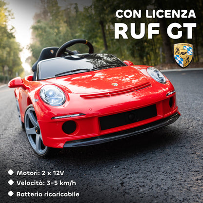 Officially Licensed RUF GT Ride-On Toy Car for Kids Ages 3-5, Remote Control, Seat Belt and Music, Red