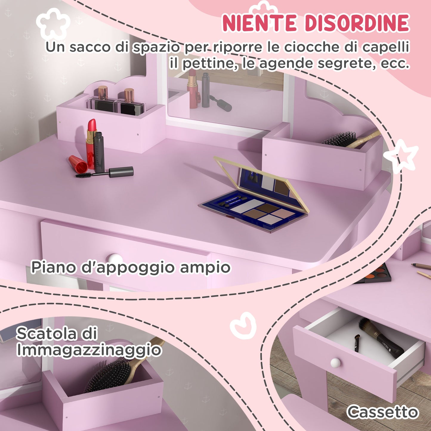 Girls' Dressing Table Set with Makeup Mirror and Matching Wooden Stool, Drawer and Storage, Pink