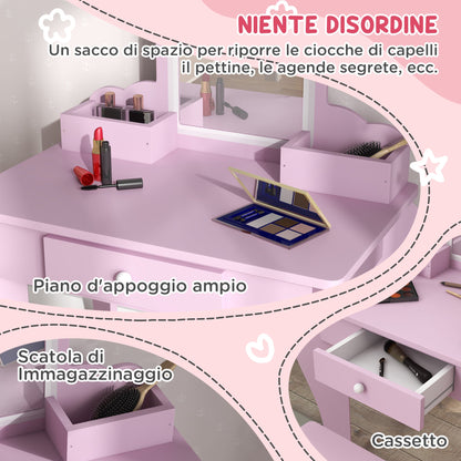 Girls' Dressing Table Set with Makeup Mirror and Matching Wooden Stool, Drawer and Storage, Pink