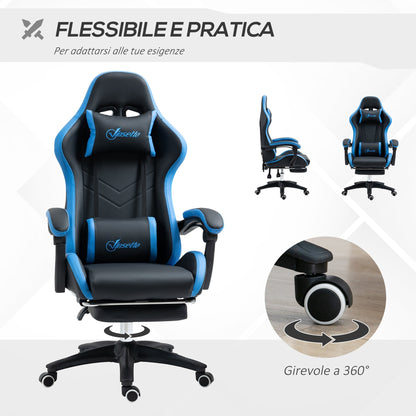 Gaming Chair with Adjustable Height and Reclining Backrest, 65x65x121-129 cm, Blue and Black