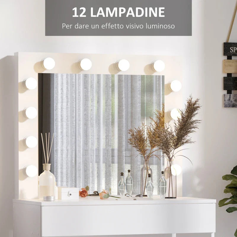 Hollywood Vanity Mirror with 12 LED Lights and White Wooden Stool