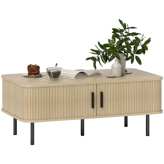 Coffee Table with 2 Storage Shelves and Sliding Doors, in Wood and Steel, 100x55x40 cm, Black and Oak