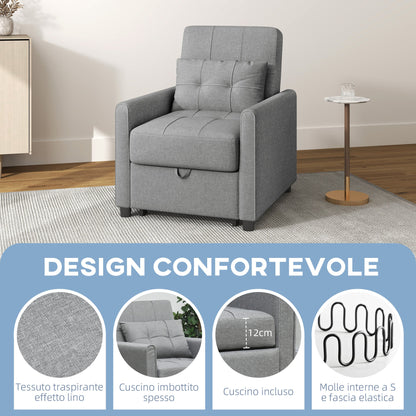 Single Reclining Armchair Bed on 3 Levels with Extra Cushion, 69x82x85cm, Light Grey