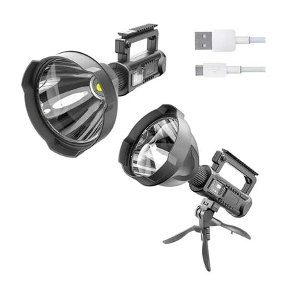 USB Rechargeable LED Torch — 4 Modes, Power Bank + Tripod