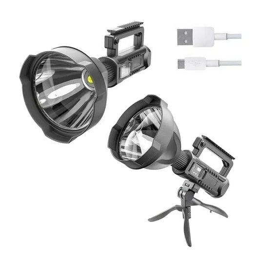 USB Rechargeable LED Torch — 4 Modes, Power Bank + Tripod