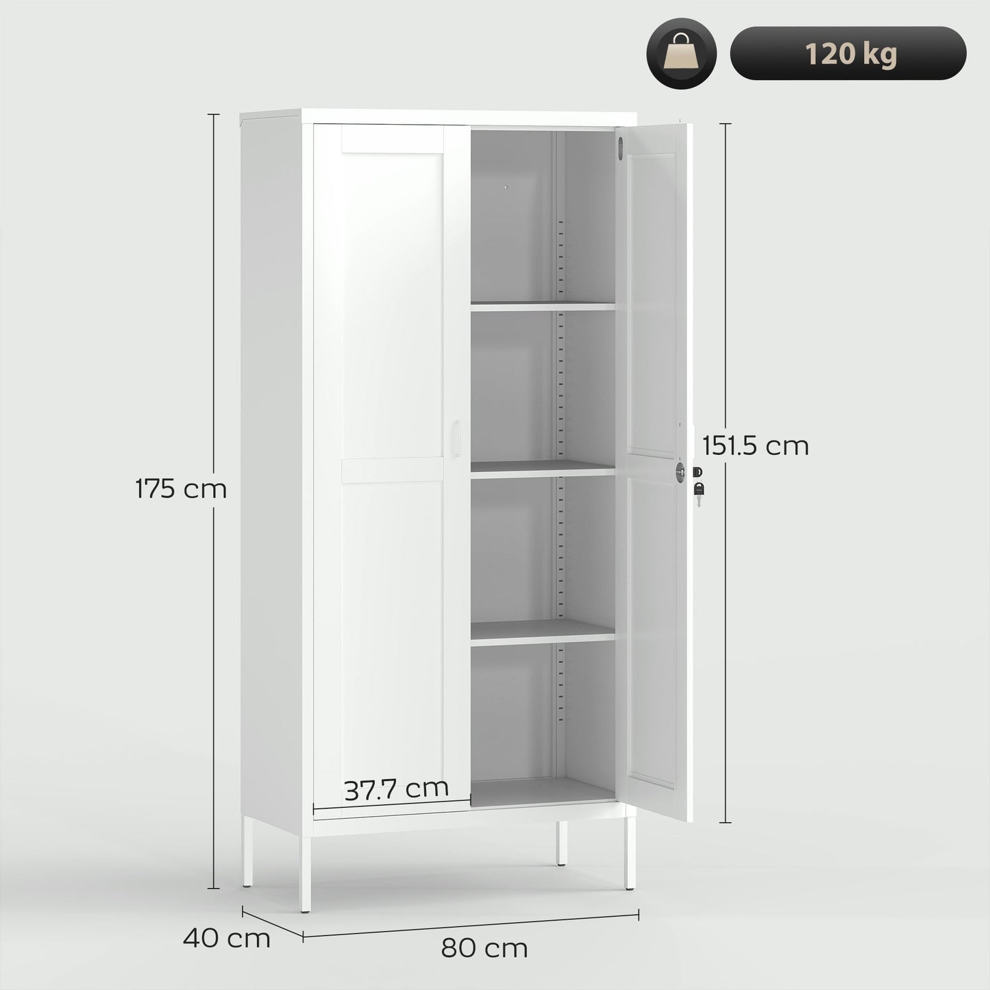 3-Tier Adjustable Steel Office Cabinet with Lock and 2 Keys, 80x40x175cm, White