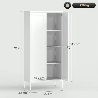 3-Tier Adjustable Steel Office Cabinet with Lock and 2 Keys, 80x40x175cm, White