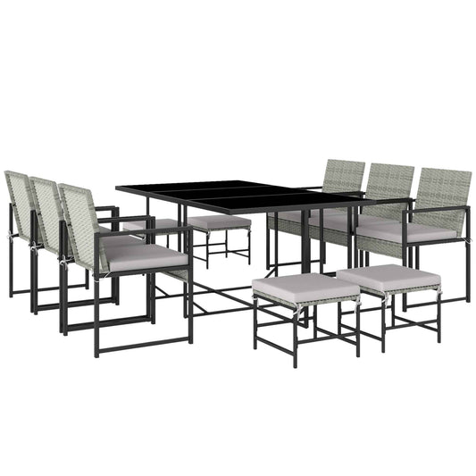 11-Piece Patio Dining Set, Outdoor Furniture with 6 Armchairs, 4 Ottomans, Grey
