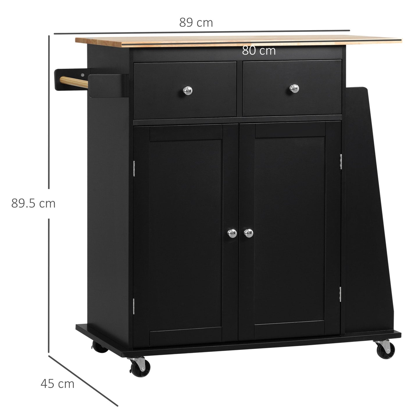 Kitchen Trolley with Cabinet, 2 Drawers and Spice Rack, Wooden Kitchen Island, 89x45x89.5cm, Black