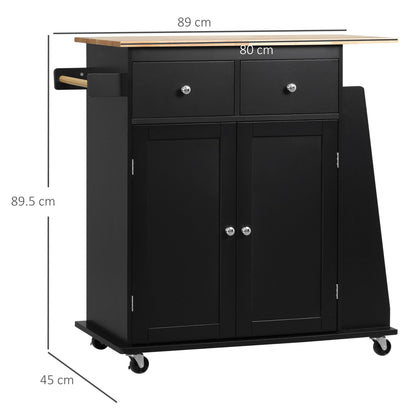 Kitchen Trolley with Cabinet, 2 Drawers and Spice Rack, Wooden Kitchen Island, 89x45x89.5cm, Black