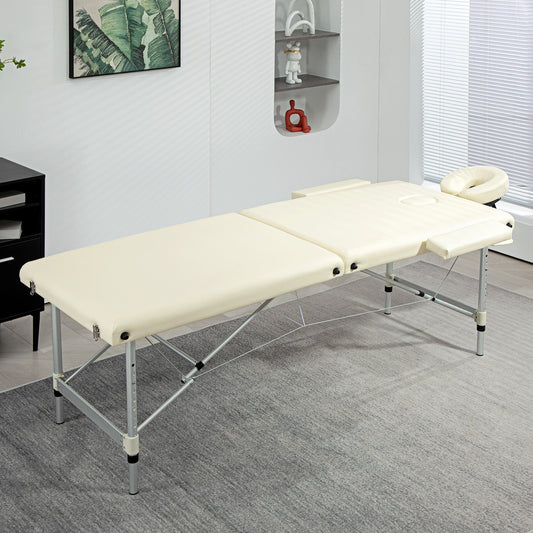 Professional Foldable Massage Table, Adjustable Height and Transport Bag, Cream-white