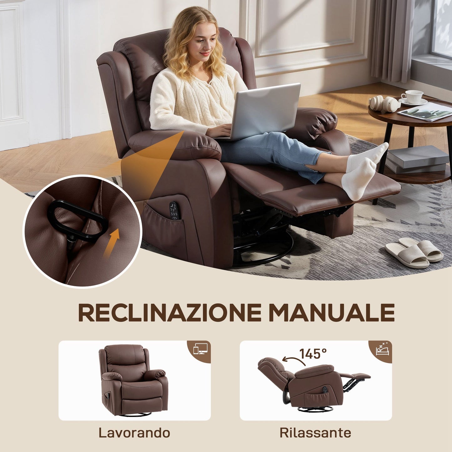 Reclining Relaxing Chair with 8 Massage Points, Heating and Footrest, 87x97x100 cm, Brown