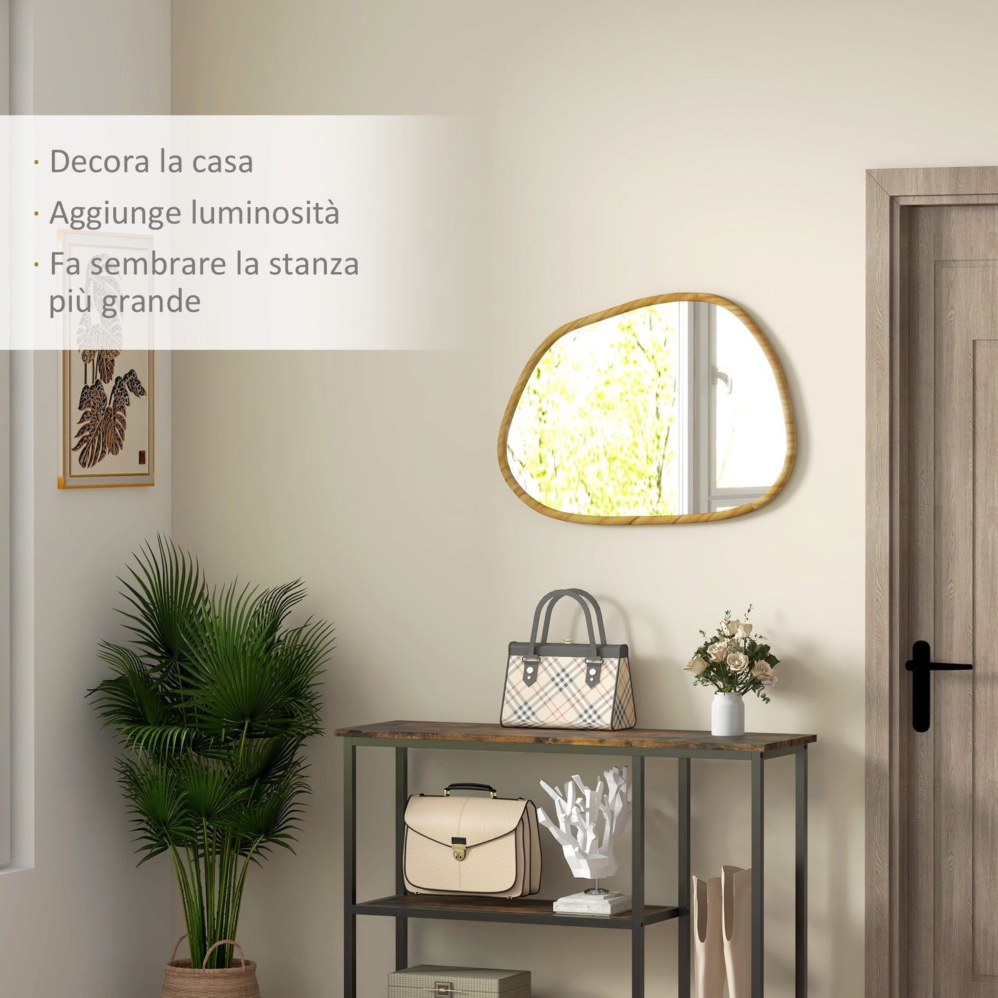 Modern Wall Mirror with Irregular Edges and Wooden Frame for Bedroom and Entrance, 80x60 cm