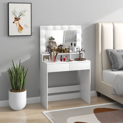 Dressing Table with Mirror and 10 Adjustable LED Lights, 2 Drawers and 3 Compartments, 80x40x135 cm, White