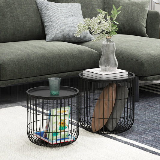 Set of 2 Round Stackable Steel Coffee Tables with Storage Compartment, Black