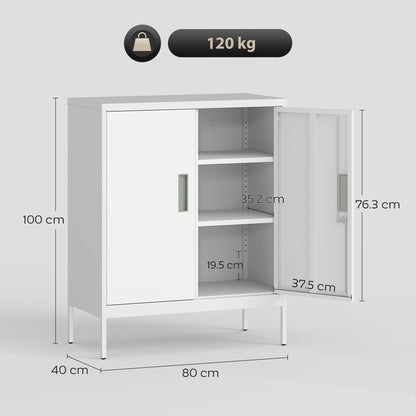 2-Tier Adjustable Steel Office Cabinet with Lock and 2 Keys, 80x40x100cm, White