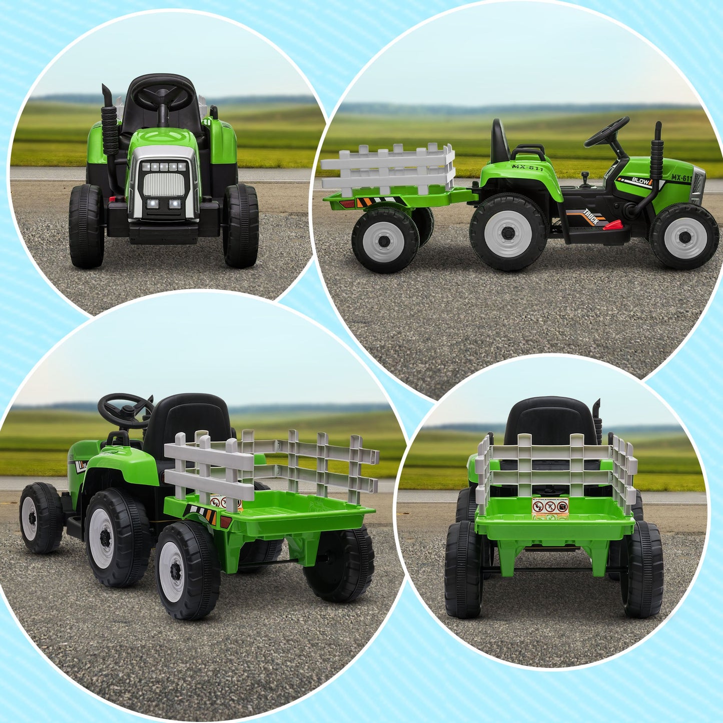 Electric Tractor for Children 3-6 Years with Removable Trailer, 12V Battery and Remote Control, Green