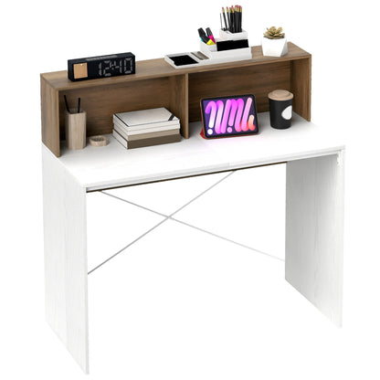 Modern PC Desk with Raised Top and 2 Shelves, in Chipboard, 110x50x102.6 cm, White, Brown and Walnut