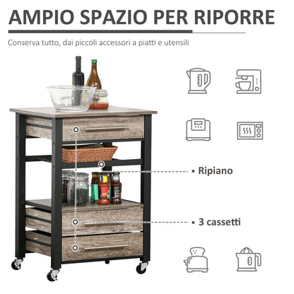 Kitchen Trolley with 3 Drawers and Shelf, Multipurpose Chipboard Cabinet, 60x50x84.5cm, Oak