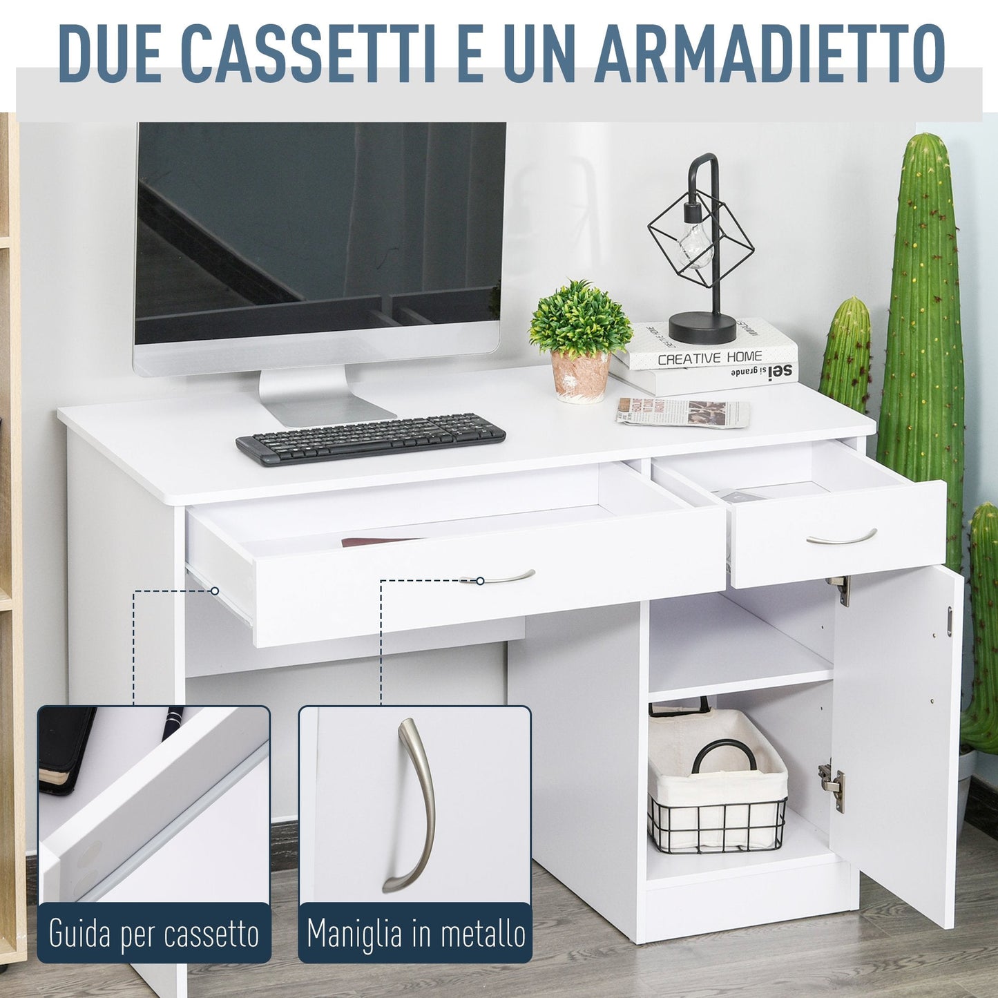 Modern Computer Desk with 2 Drawers and 1 Cabinet, Space-Saving Bookshelf for Office or Bedroom, Wooden, White