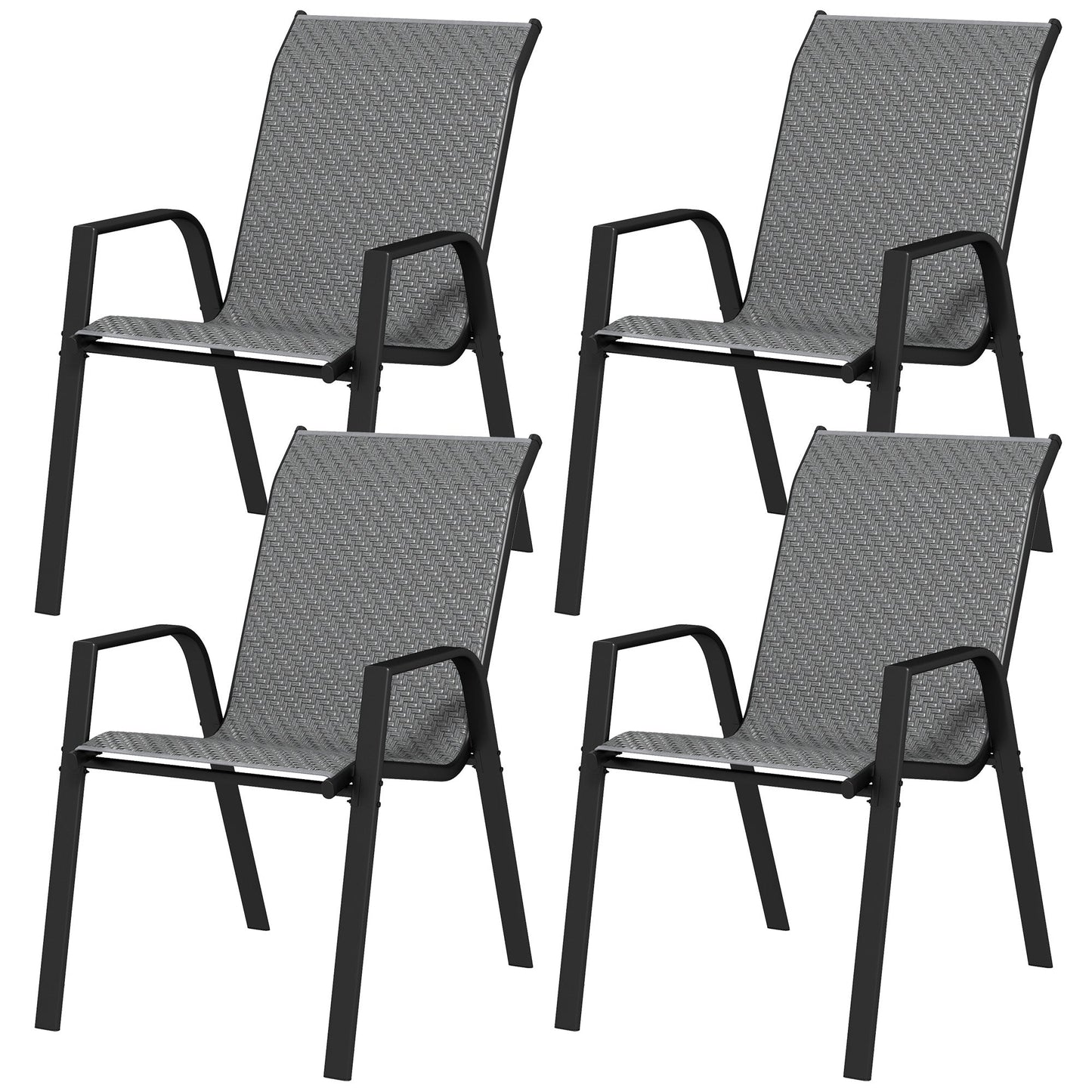 Set of 4 Stackable Garden Chairs with Armrests in PE Rattan and Steel, Grey