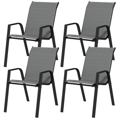 Set of 4 Stackable Garden Chairs with Armrests in PE Rattan and Steel, Grey